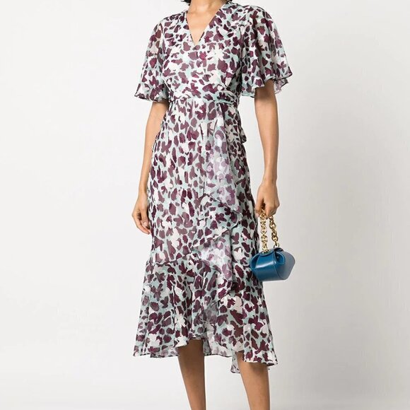 New Tanya Taylor Blaire Floral Wrap Leopard-Print Short-Sleeved Midi Dress Sz 4 - Picture 4 of 15